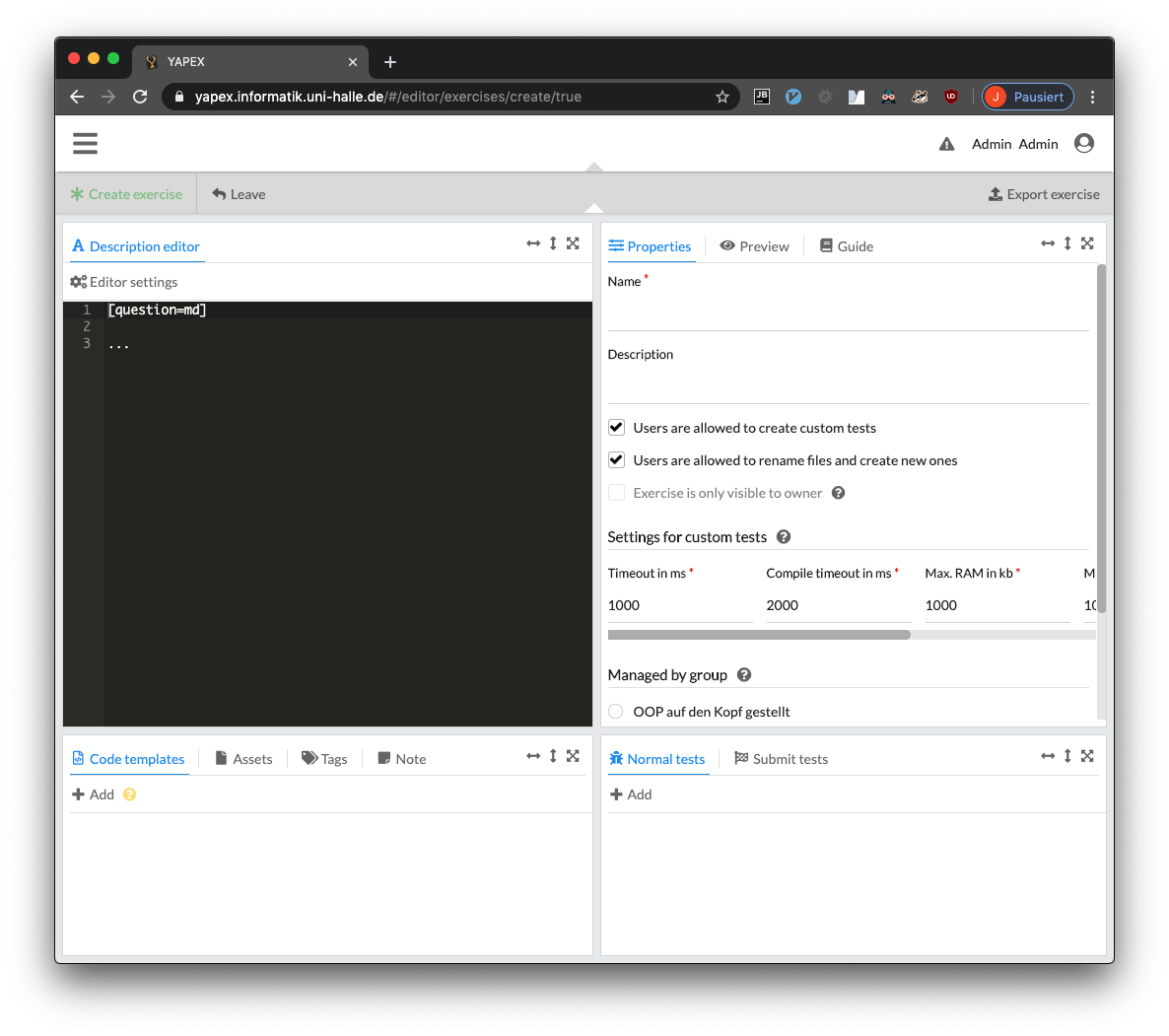 Aufgabe erstellen Seite