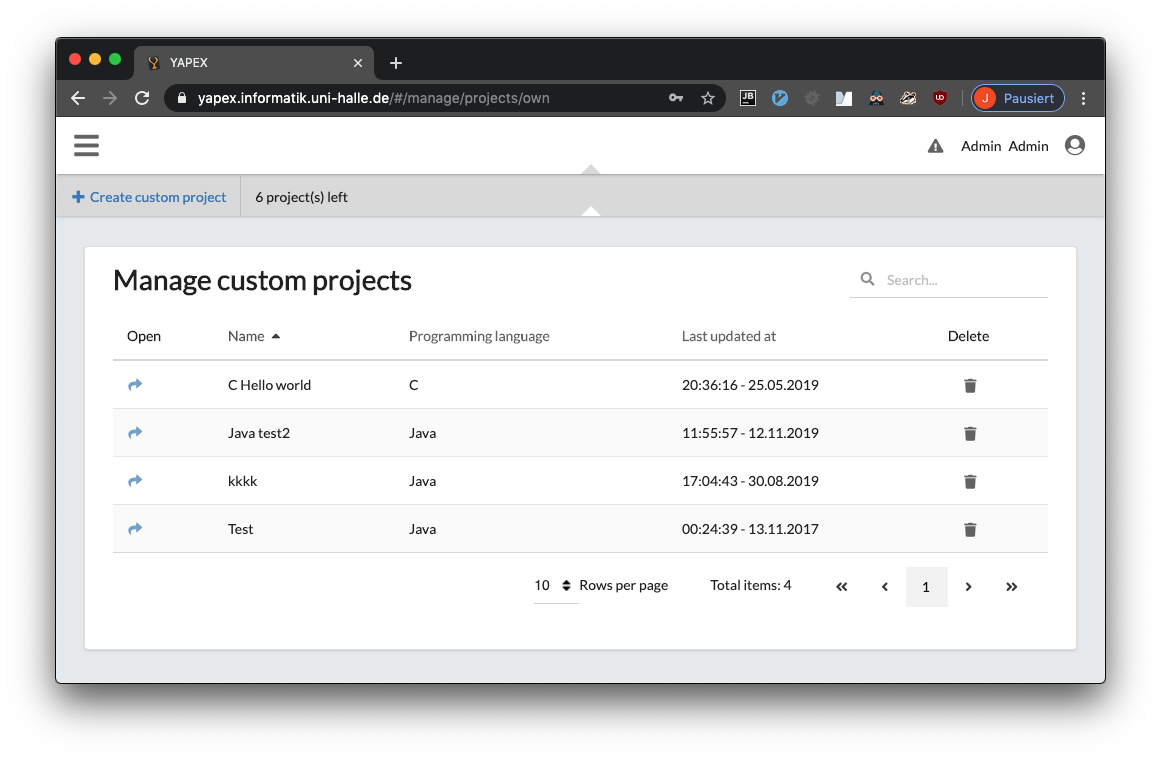 Eigene Projekte verwalten Seite