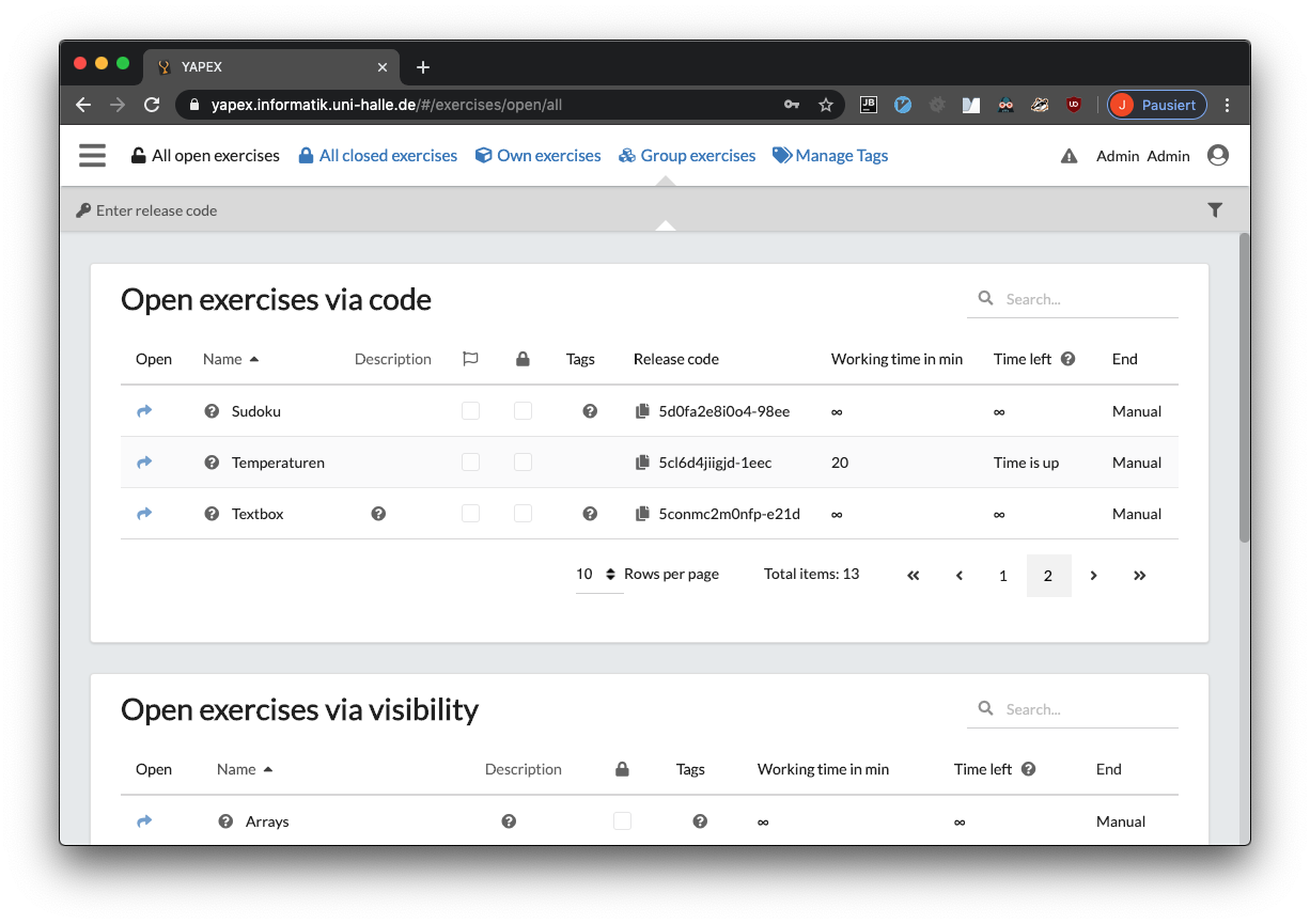 Menü All open exercises