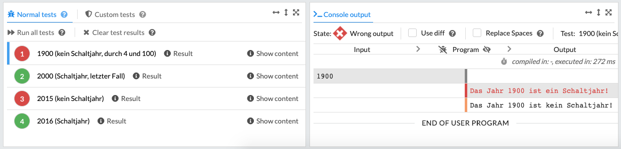Tests und Konsolenausgabe